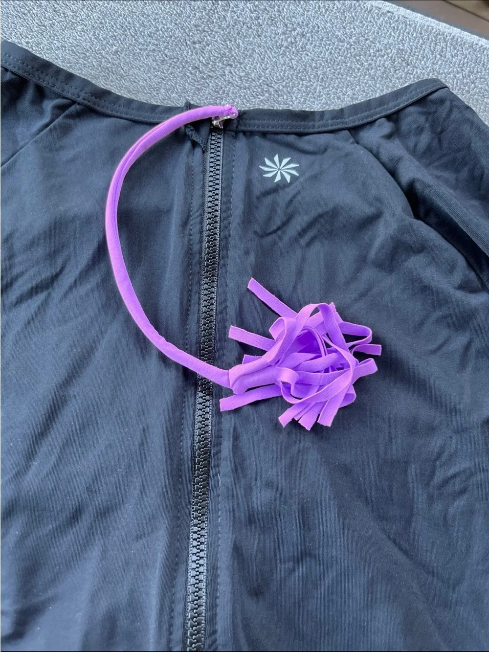 Athleta Ariel Black Long-Sleeve Swim rashguard with Purple Piping
